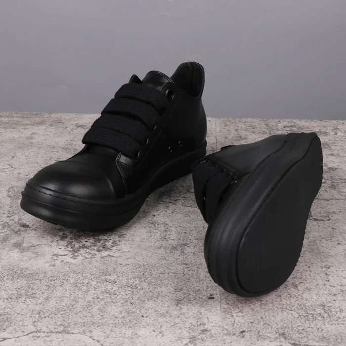 Beliebte Unisex Leder-Sneaker – All Black, Bequeme Freizeitschuhe mit Extra großen Schnürsenkeln - Image 3
