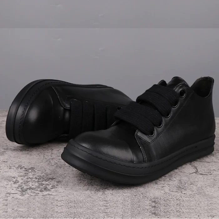 Beliebte Unisex Leder-Sneaker – All Black, Bequeme Freizeitschuhe mit Extra großen Schnürsenkeln - Image 5