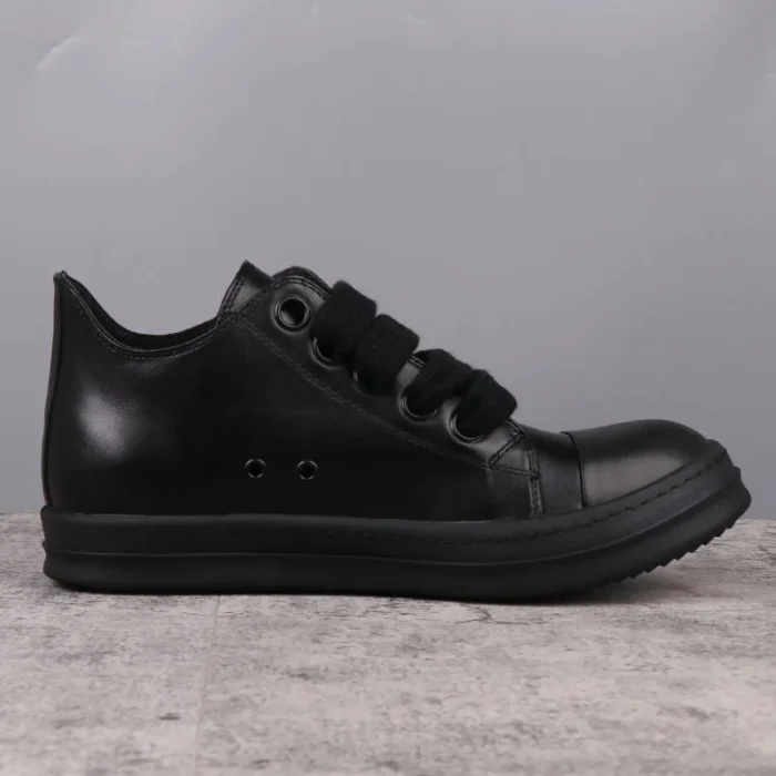 Beliebte Unisex Leder-Sneaker – All Black, Bequeme Freizeitschuhe mit Extra großen Schnürsenkeln - Image 2
